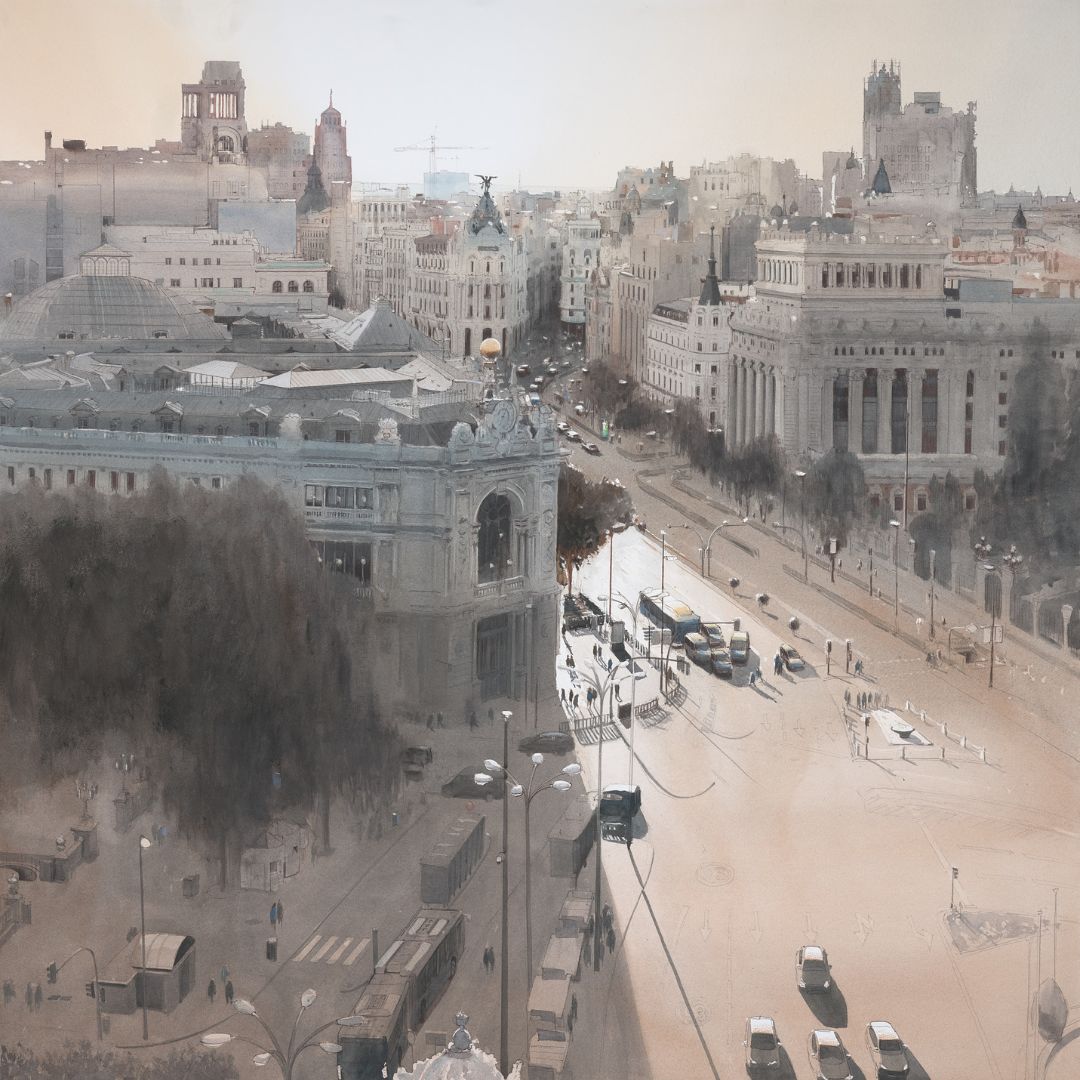 Litografía de la Plaza de Cibeles de Madrid desde el Ayuntamiento